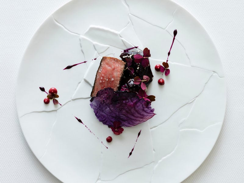 miyazaki-wagyu-beef-strip-loin-barbecued-with-dulse-red-cabbage-slaw-oxalis-horseradish-pepper-berry-emulsion