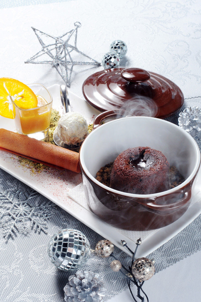 warm-chocolate-cake-with-youzi-sauce-morel-mushroom-crumble-and-truffle-ice-cream