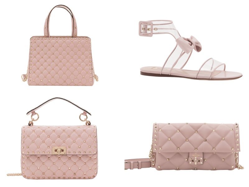 Valentino的淡粉紅色手袋充滿少女味，加上品牌的經典窩釘，令設計不再單調。