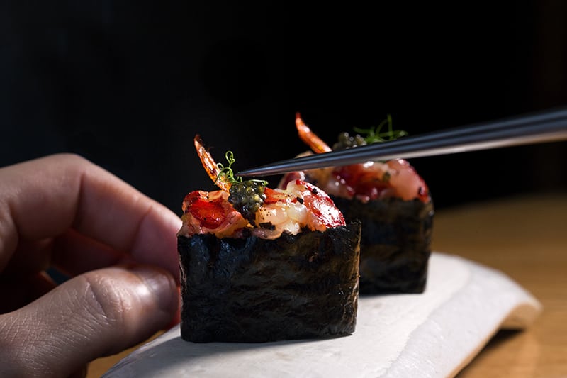 Red prawn gunkan with black truffle and caviar