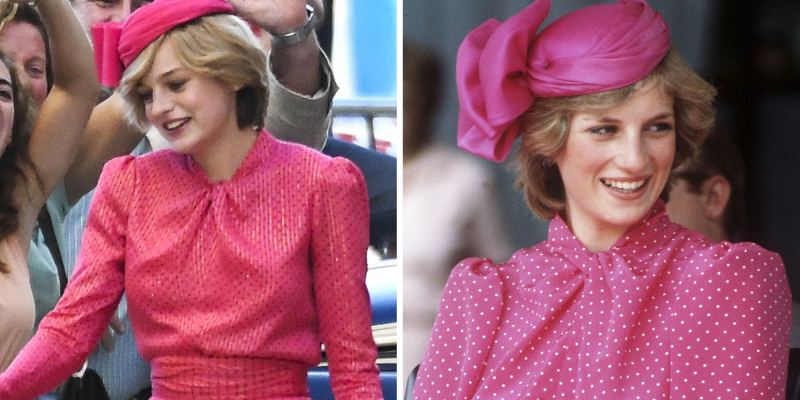 Emma Corrin 完美重現了戴安娜王妃在 1983 年出訪澳洲的經典粉紅波點連身裙造型