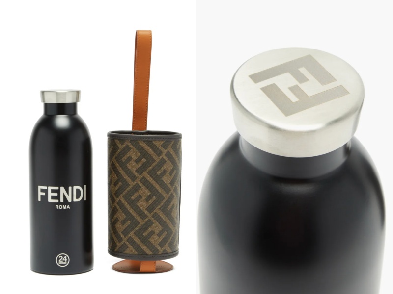 Fendi Stainless-steel bottle and FF-logo leather case水樽袋