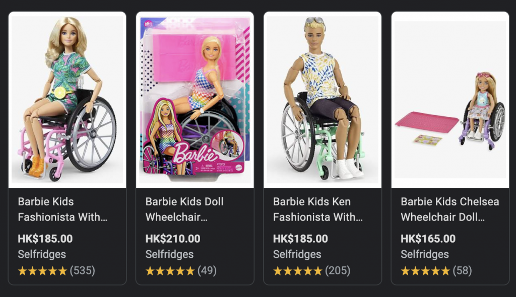 2020年，Mattel曾因應世界潮流推出多種不同膚色的Barbie公仔，更有坐輪騎的Barbie出現，提倡傷健共融。