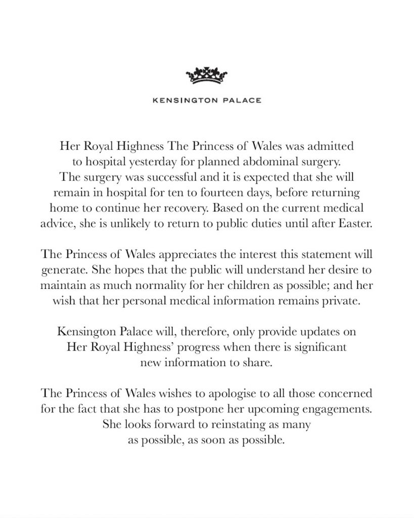 英國肯辛頓宮於一月宣布凱特王妃剛在倫敦結束腹部手術，此後凱特未有公開露面。(圖片來源：X@The Prince and Princess of Wales)