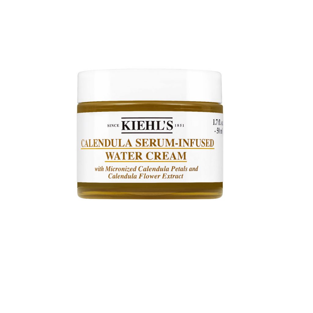 //Kiehl’s Calendula Serum-Infused Water Cream(HK$ 620 / 100ml )//質感清爽水潤的精華面霜，創新金盞花精華分子技術，爆水質感與肌膚接觸時瞬 間轉化成百片微金盞花瓣及金盞花精華，紓緩肌膚不適同時強化保護屏障。持續 使用可顯著減輕肌膚泛紅情況，提升亮澤及水潤度。