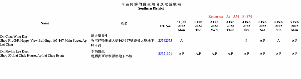 2022新年期間應診醫生名單一覽香港區