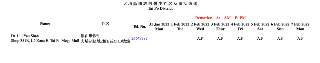 2022新年期間應診醫生名單一覽新界區