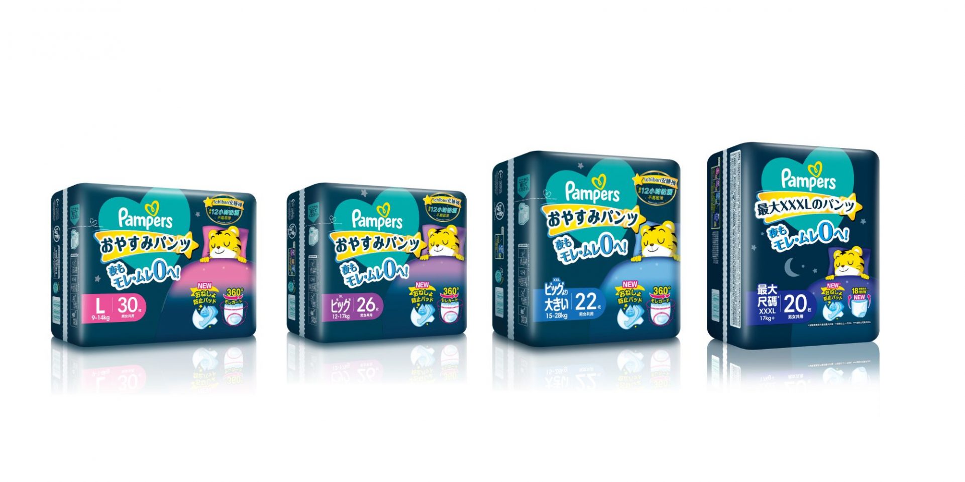 新升級Pampers® Ichiban安睡褲備有L、XL、XXL，以及XXXL 4款尺碼，適合9KG - 28KG以上的BB及幼童穿著。
