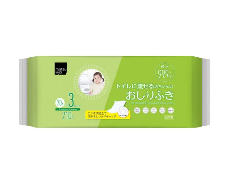 matsukiyo99.9%純水嬰兒濕紙巾(可溶水) ($40 / 70片X3包)無香料、無色素，可溶於水中，絕對是方便使用之選。